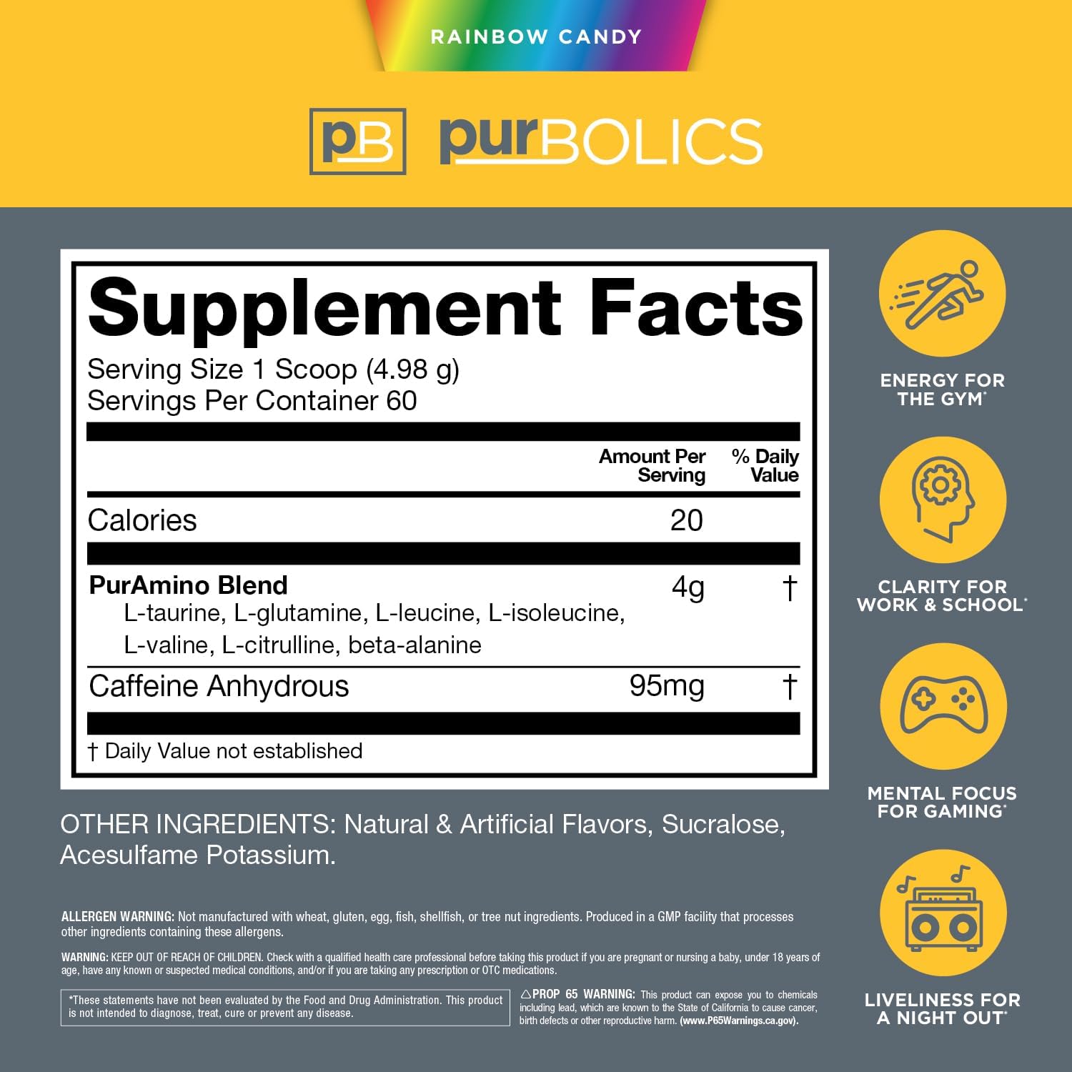 Purbolics Aminos + Energy | Supports Recovery, Energy & Focus | 95mg of Caffeine, 0 Sugar & 60 Servings (Rainbow Candy)