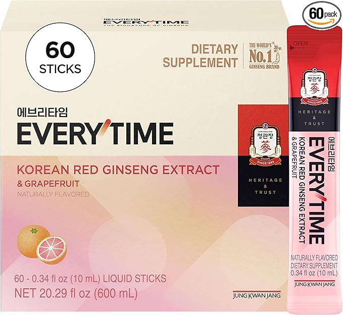 JUNG KWAN JANG Everytime Korean Red Ginseng Extract 1,000mg & Grapefruit - Vegan Energy Drink Liquid Stick Supplements - No Caffeine, No Gluten, Non-GMO 0.34 fl oz, 10EA (Pack of 6)
