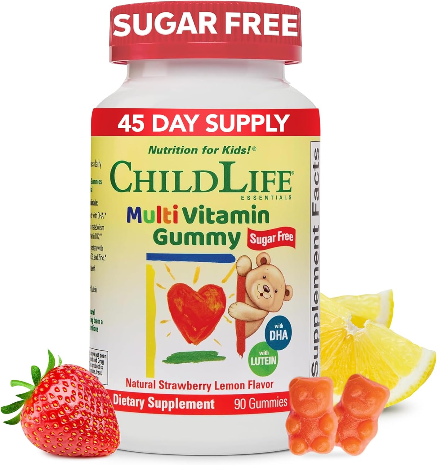 CHILDLIFE ESSENTIALS Multivitamin Gummies for Kids - Children's Vitamins, Kids Multivitamins with DHA, Sugar Free - Natural Strawberry, 90 Count