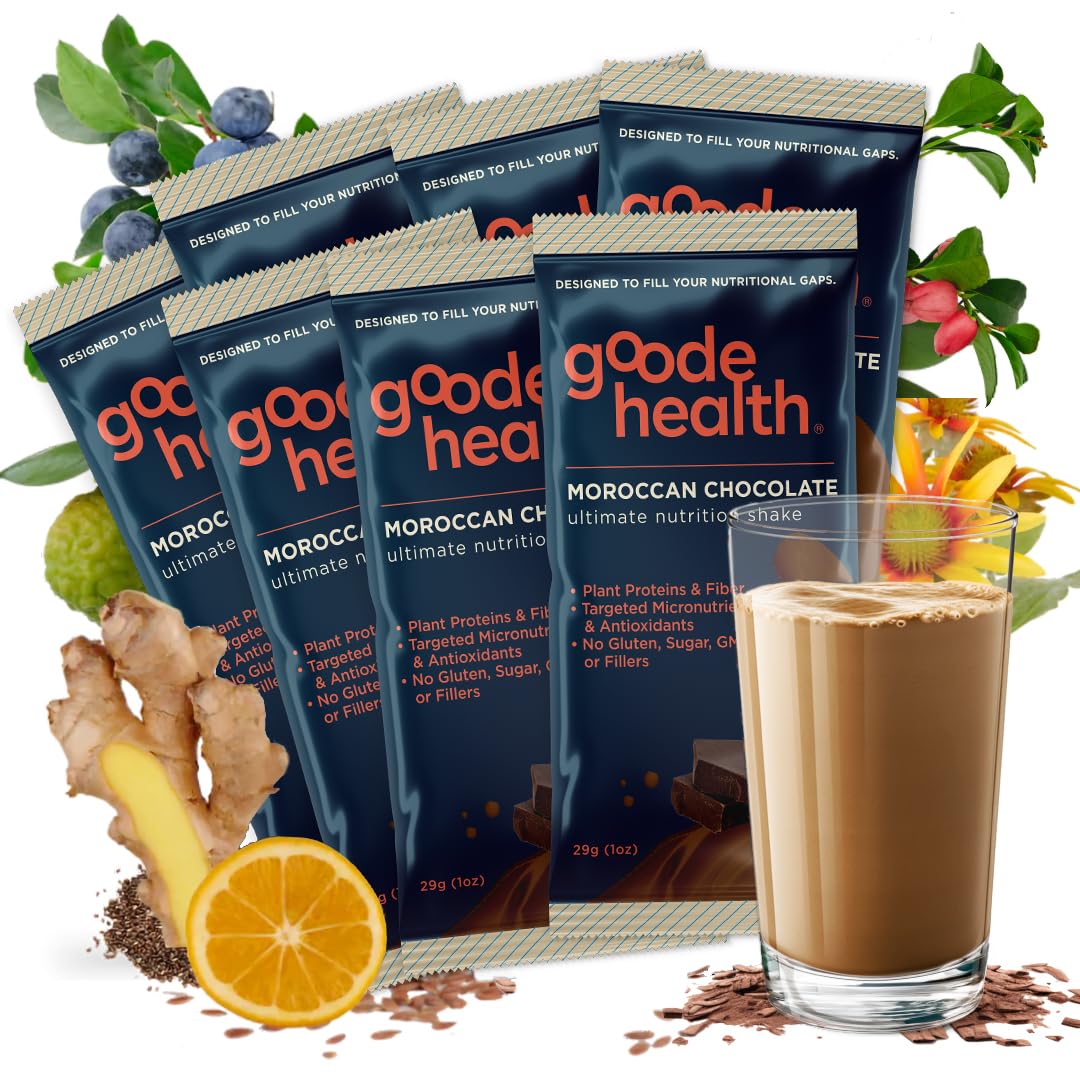 Goode Health Moroccan Chocolate Superfood Nutrition Shake - 7 Single-Serve On The Go Travel Packs - 15g Vegan Protein, 5g Fiber, Zero Sugar - Complete Nutrition Blend