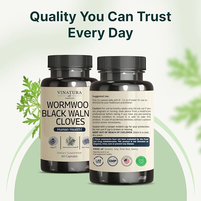 VINATURA Wormwood Black Walnut Clove Capsules - Cleanse, Detox, Intestinal Guard Formula Supplement for Humans, with Wormwood herb, Black Walnut Extract Combination, 60 Capsules