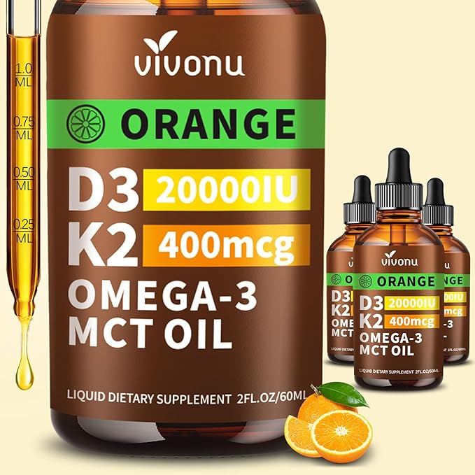 VivoNu Vitamin D3 K2 Drops, D3 20000 IU & K2 as MK-7 400mcg, Orange Flavor Vitamin D Liquid Drops Supplement with Magnesium, Calcium, Zinc & Omega 3 for Immune*, Mood*, Bone* Health