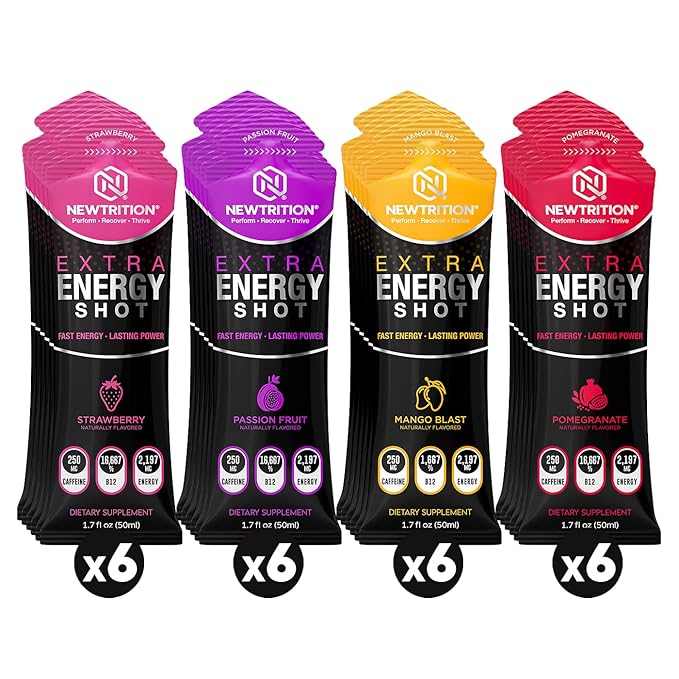 NewTrition® Extra Strength Energy Shots 1.7 fl oz - 250mg Caffeine with B Vitamins & Amino Acids, Sugar-Free Zero Calorie Vitamin Energy Drink for Focus & Endurance (Pack of 24, 4 Flavors - Mixed 3)