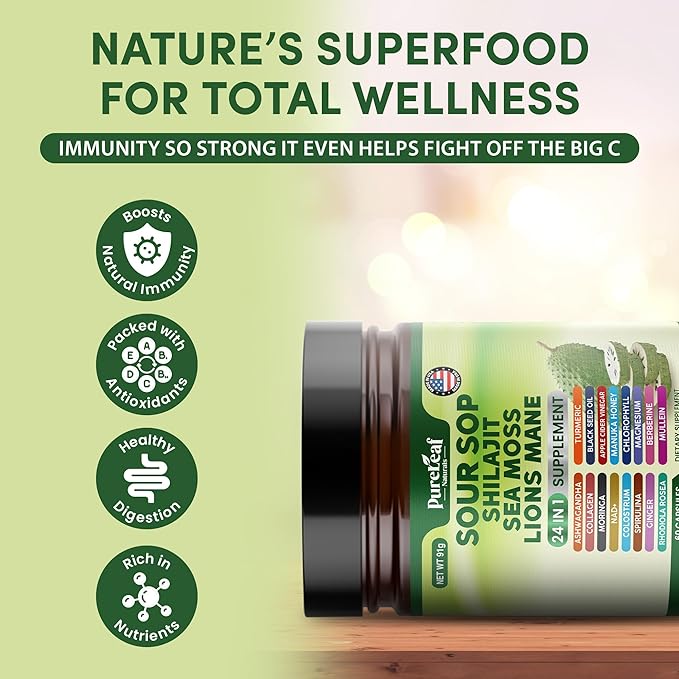 Soursop Shilajit, Sea Moss, and Lions Mane - 24-in-1 Supplement with Ashwagandha, Black Seed Oil, Rhodiola Rosea, Ginger, Collagen, Turmeric - Made in USA - 60 Capsules