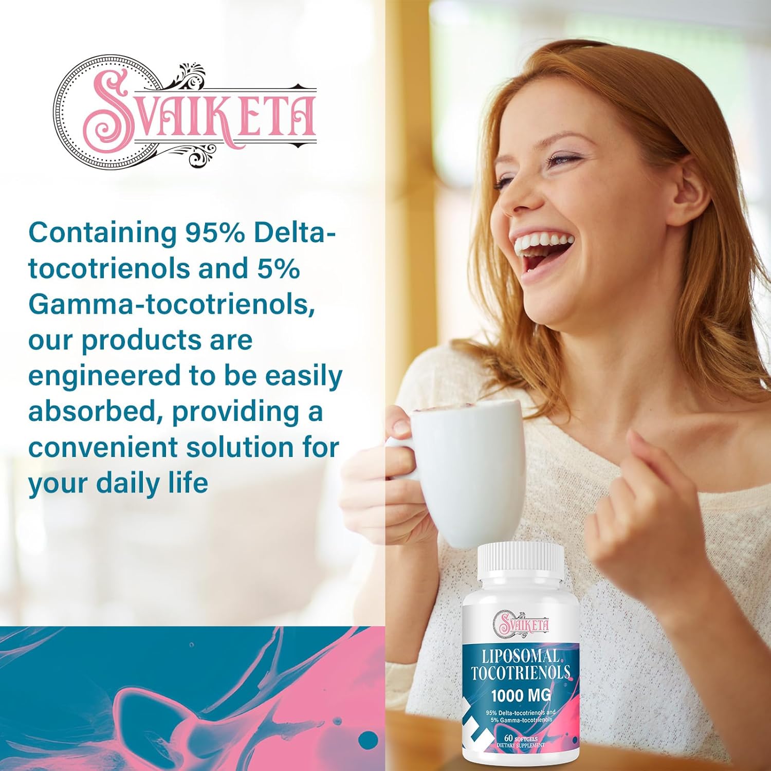 Liposomal Tocotrienols Supplement 1000mg, Vitamin E, Advanced Formula with 95% Delta-Tocotrienols & 5% Gamma-Tocotrienols - 60 Softgels (2 Bottles)