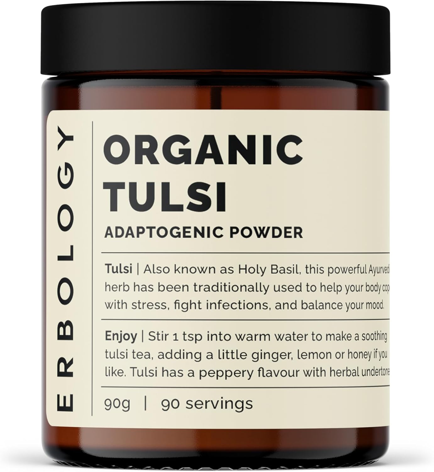 Erbology 100% Organic Tulsi Powder 6.4 oz - Holy Basil - Calm and Mood - Straight from Farm - Raw, Vegan and Gluten-Free - Non-GMO - No Additives or Preservatives - Recyclable Glass Jar