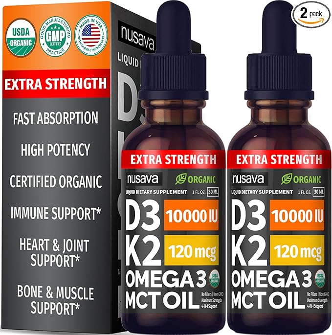 (2 Pack) Extra Strength Organic Vitamin D3 K2 Drops with MCT Oil, Omega 3, 10000 IU - Vitamin D Liquid, No Fillers, Non-GMO D3 for Faster Absorption and Immunity, Unflavored - (2 Fl Oz, 60 Servings)