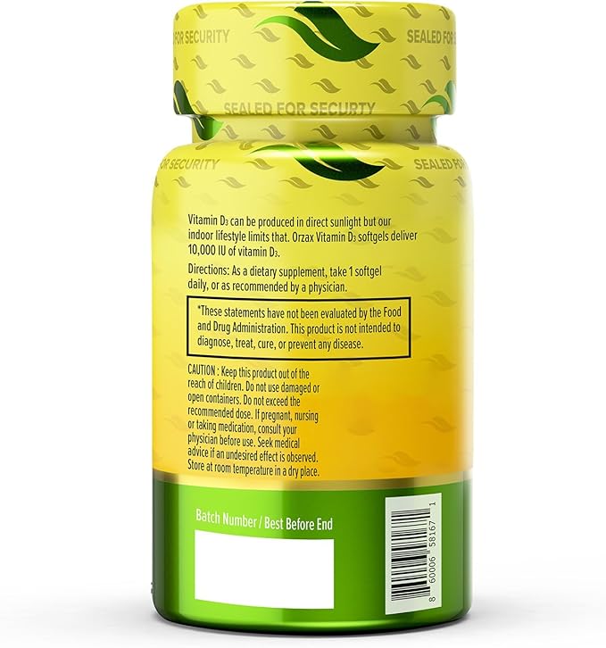 ORZAX Vitamin D3 10000 iu (250 mcg) – Non-GMO, Gluten Free, Sugar Free, Dairy Free – 120-Day Supply for Strong Muscle Function & Immune Support – Mood Supplement for Wellness (120 Softgel)
