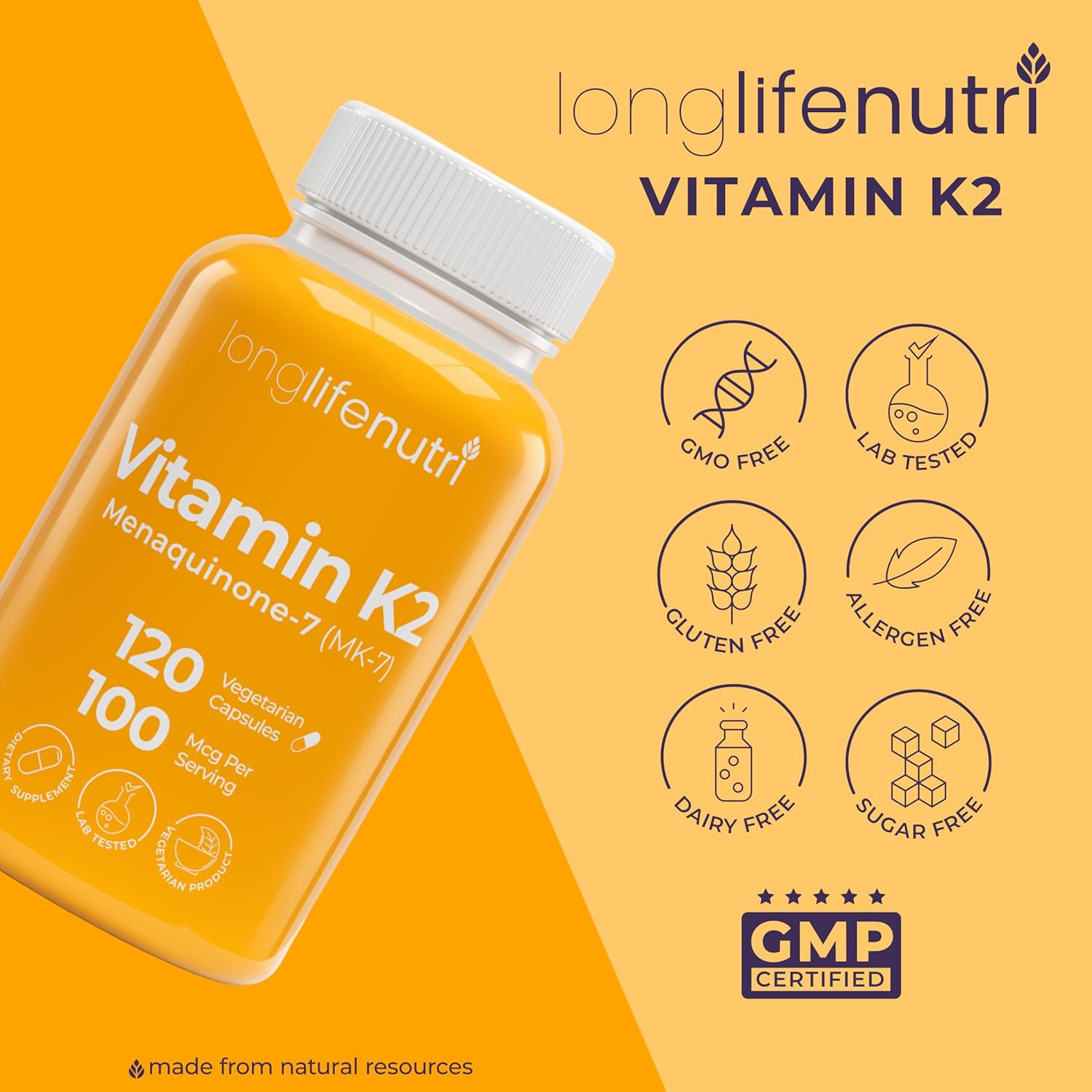 Vitamin K2 MK-7 100mcg – Nutrient Support for Bones and Circulation, 120 Vegetarian Capsules, 4-Month Supply, Lab Tested, Made in The USA, Non-GMO