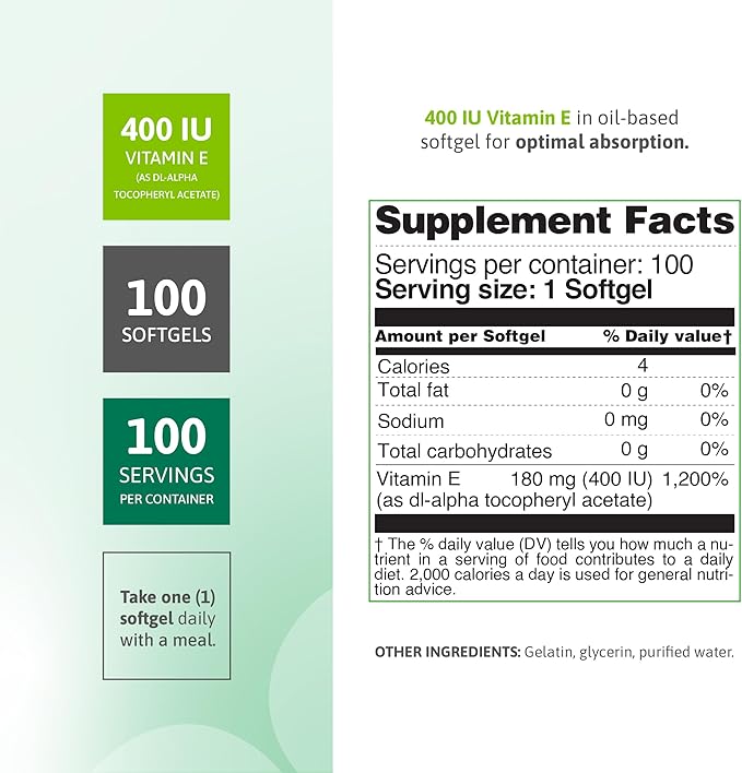 Vitamin E 400 IU Softgels – 180mg Vitamin E (as DL-Alpha-tocopheryl Acetate) – Antioxidant Support, Skin & Hair Health, 100 Softgels – Vitamin E Complex Formula - Gluten-Free