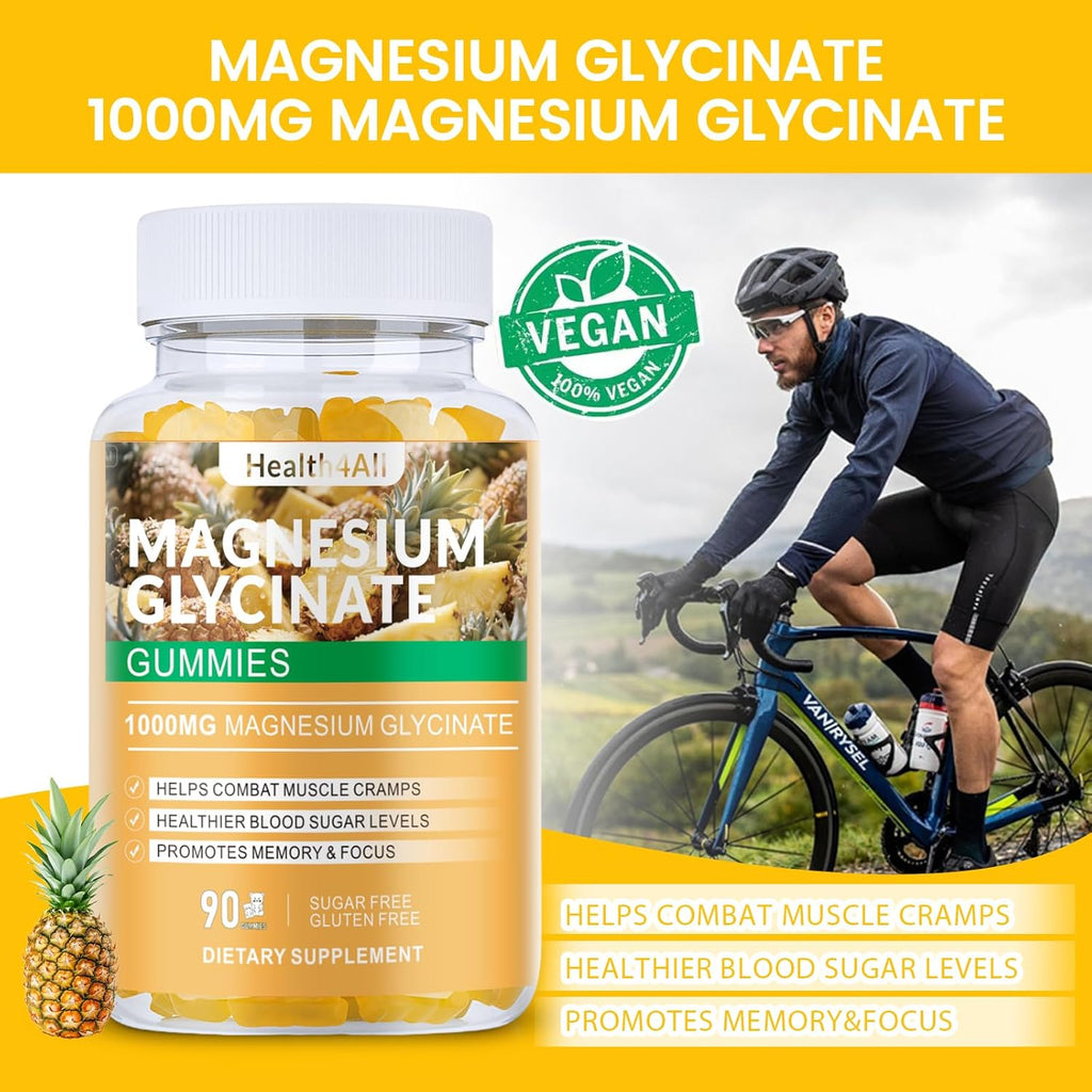 Magnesium Glycinate Gummies 1000mg, High Absorption Sugar Free Magnesium Potassium Supplement for Relaxation, Stress Relief, and Sleep Support for Adults & Kids - 90 Pineapple Gummies