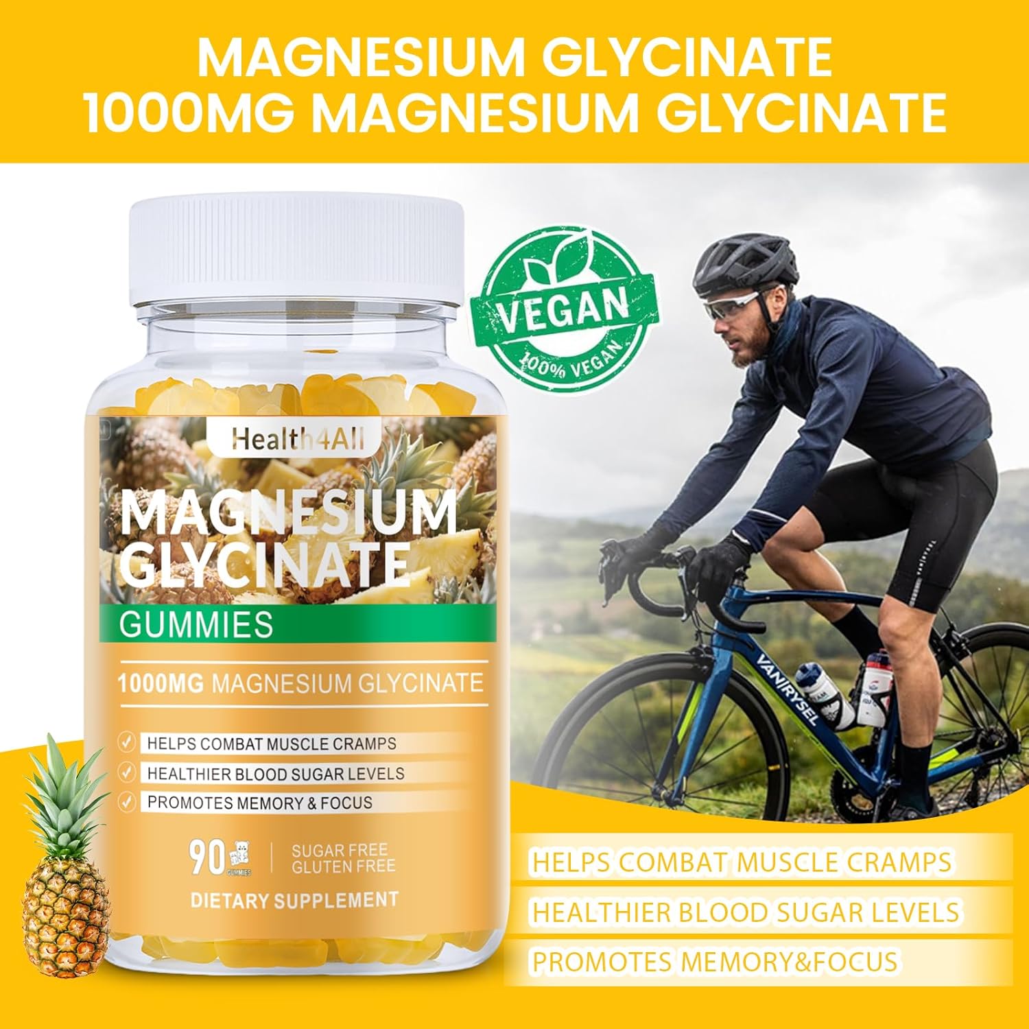 Magnesium Glycinate Gummies 1000mg, High Absorption Sugar Free Magnesium Potassium Supplement for Relaxation, Stress Relief, and Sleep Support for Adults & Kids - 90 Pineapple Gummies