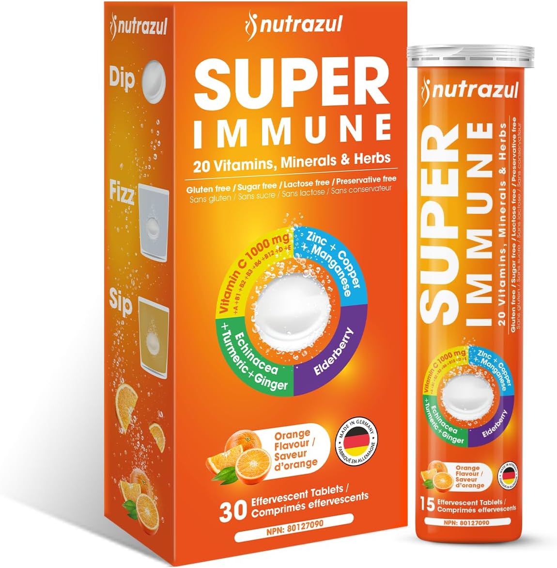 nutrazul Super Immune 30 Effervescent Tablets, 20 Vitamins & Minerals, Herbal Extracts to Support Daily Routine, Vitamin C, Zinc, Elderberry & Echinacea, Vegan, Gluten-Free, Sugar-Free, Orange Flavor