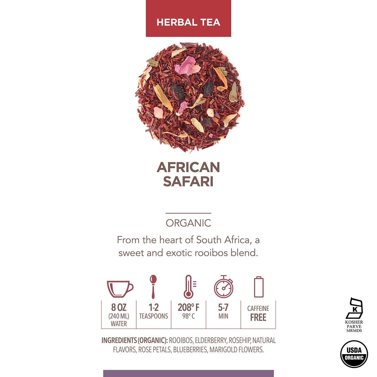 Teabloom Organic Herbal Tea, African Safari Loose Leaf Tea, Sweet Rooibos Blend with Berry Flavors and Vanilla, USDA Certified Organic, Fresh Whole Leaf Blend in Reusable Gift Canister, 3.53 oz/100 g Canister Makes 35-50 Cups