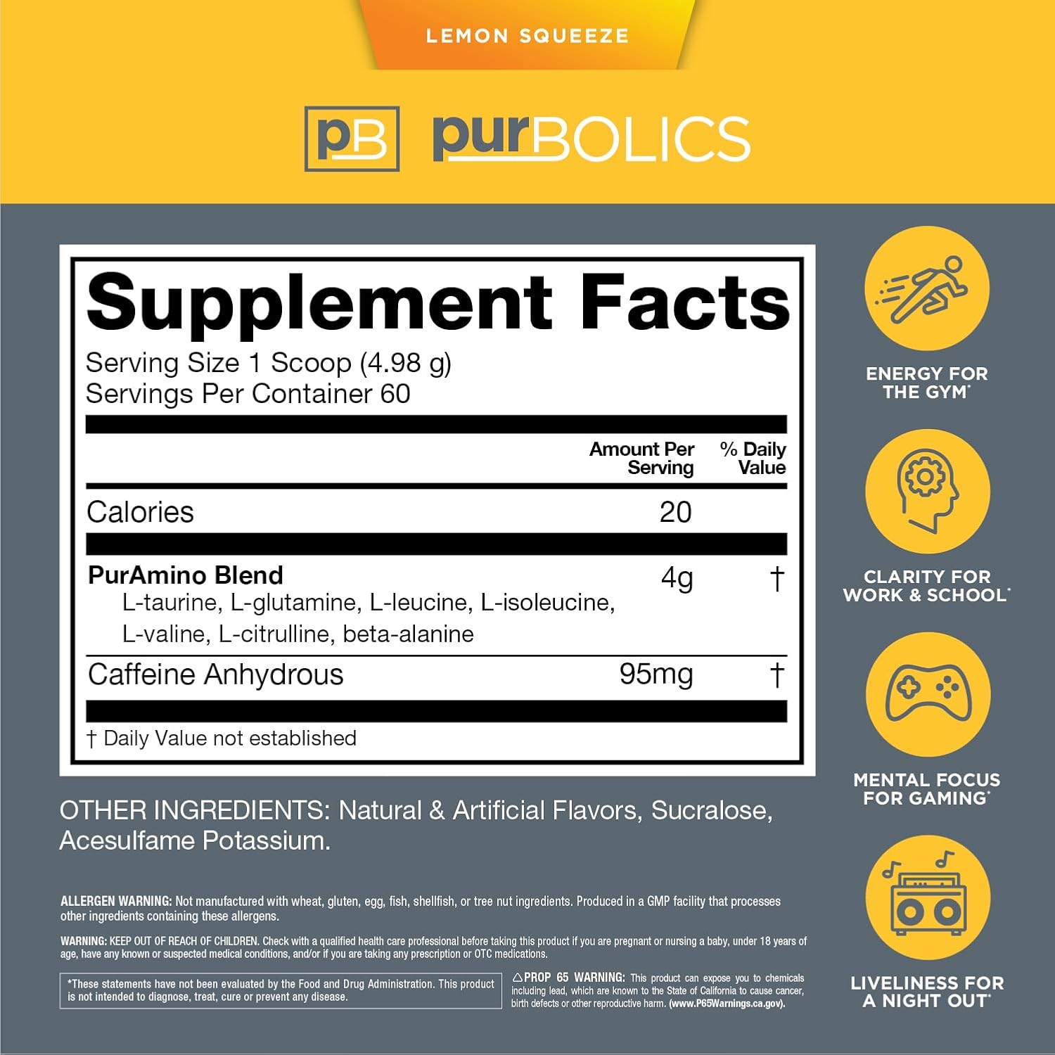 Purbolics Aminos + Energy, Supports Recovery, Energy & Focus, 95mg of Caffeine, 0 Sugar & 60 Servings (Lemon Squeeze)