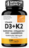 Sandhu's Vitamin D3 K2 Magnesium 10000 IU, 120mcg K2 Capsules 120 Count (Pack of 1) | with VIT B6, Zinc & Quercetin | D3K2 Supports Superior Absorption, Energy, Immune, Muscle Health for Men & Women