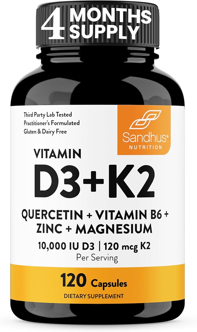 Sandhu's Vitamin D3 K2 Magnesium 10000 IU, 120mcg K2 Capsules 120 Count (Pack of 1) | with VIT B6, Zinc & Quercetin | D3K2 Supports Superior Absorption, Energy, Immune, Muscle Health for Men & Women