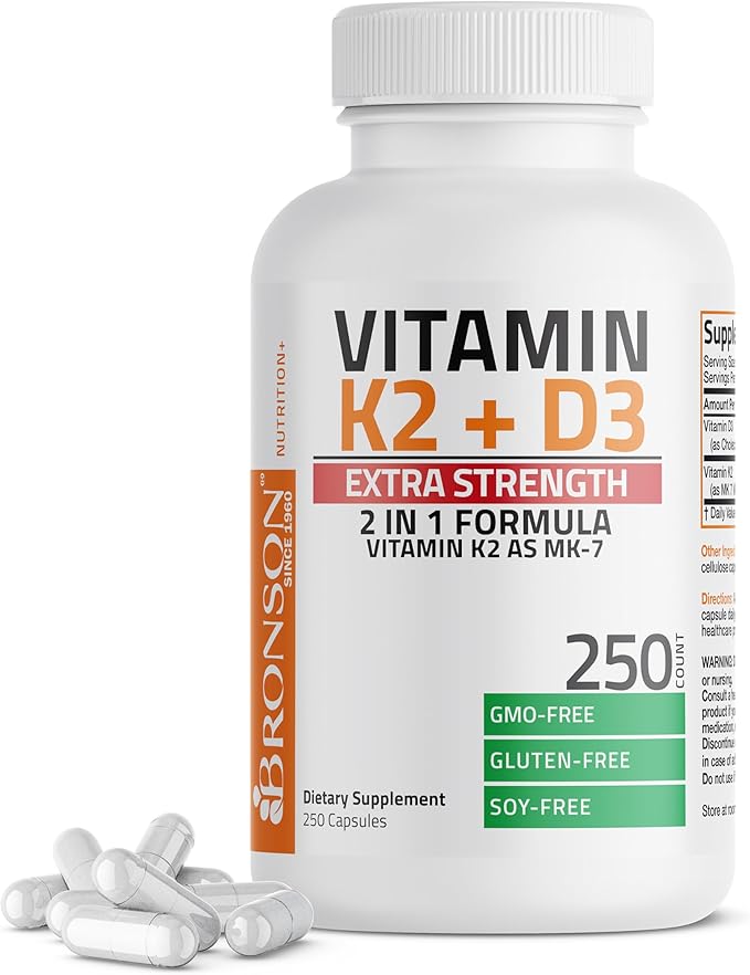 Bronson Vitamin K2 (MK7) with D3 Extra Strength Supplement Bone and Heart Health Non-GMO Formula 10,000 IU Vitamin D3 & 120 mcg Vitamin K2 MK-7 Easy to Swallow Vitamin D & K, 250 Capsules