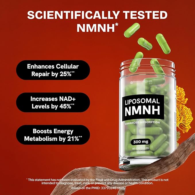 Liposomal NMNH Supplement 300mg – Boosts NAD Anti-Aging, Energy & Focus – NMM Capsules Alternative to for Cellular Vitality – Third-Party Tested, 60 Vegan Capsules | 1 Pack