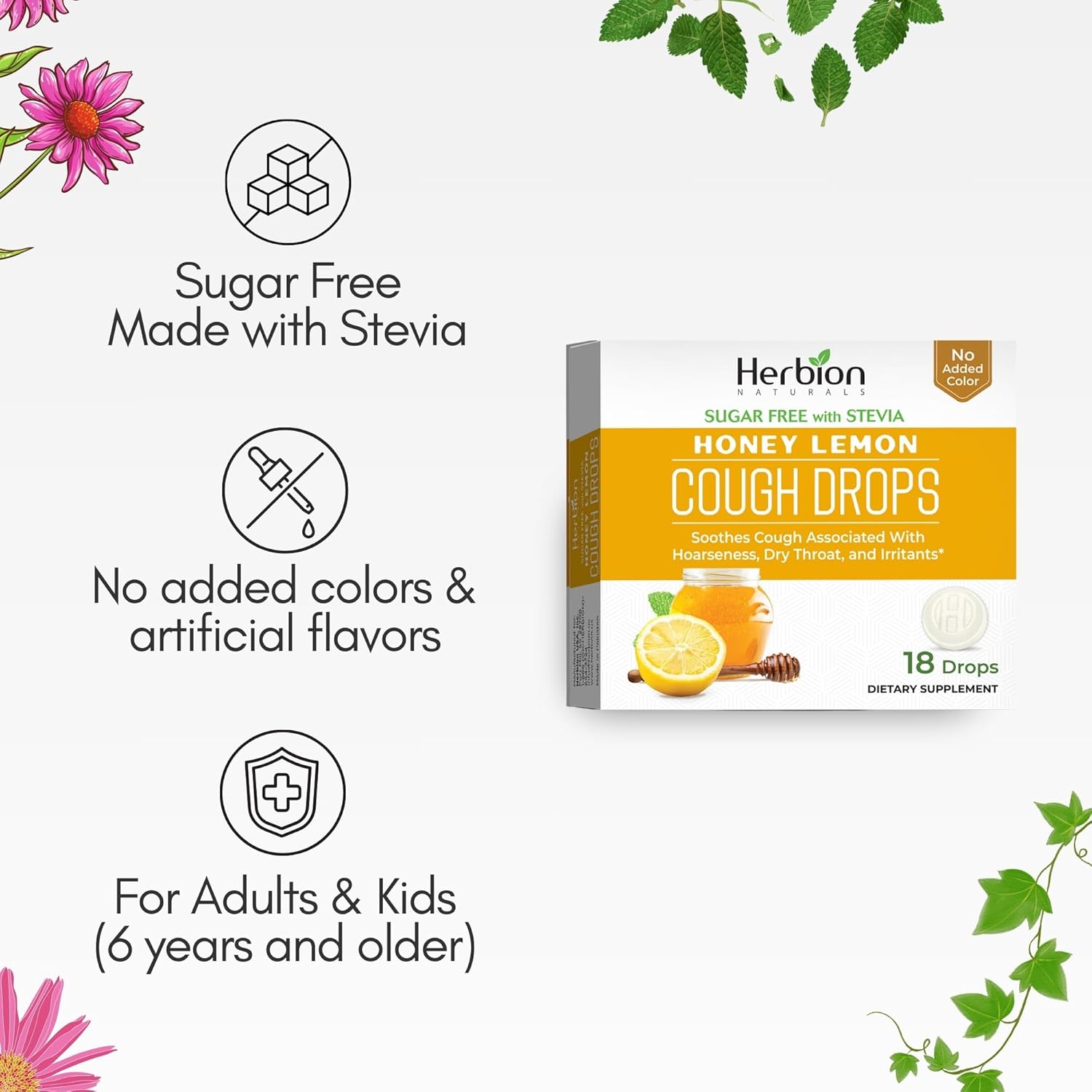 HERBION Naturals Cough Drops, Sugar-Free with Stevia, Dietary Supplement, Soothes Cough, for Adults & Children Over 6 Years, 25 Drops Each (18 Count (Pack of 1), Honey Lemon)