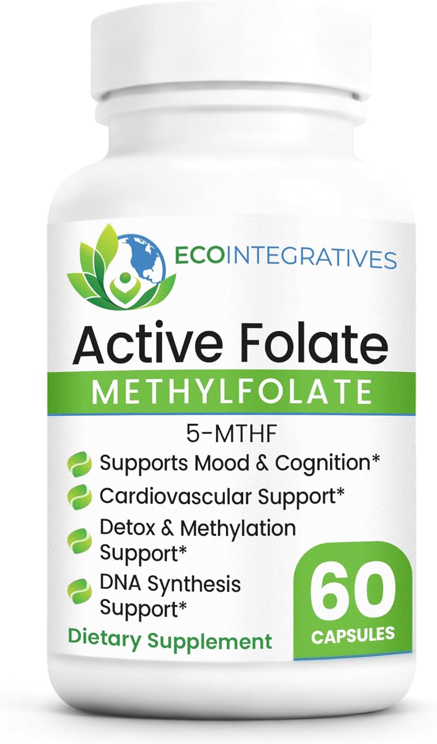 EcoIntegratives® Active Folate 5-MTHF – Methylated Folate 1000 mcg (1700 mcg DFE) – Bioavailable B9 for Mood, Methylation, Prenatal and Heart Health* – Vegan, Gluten-Free, Non-GMO – 60 Capsules