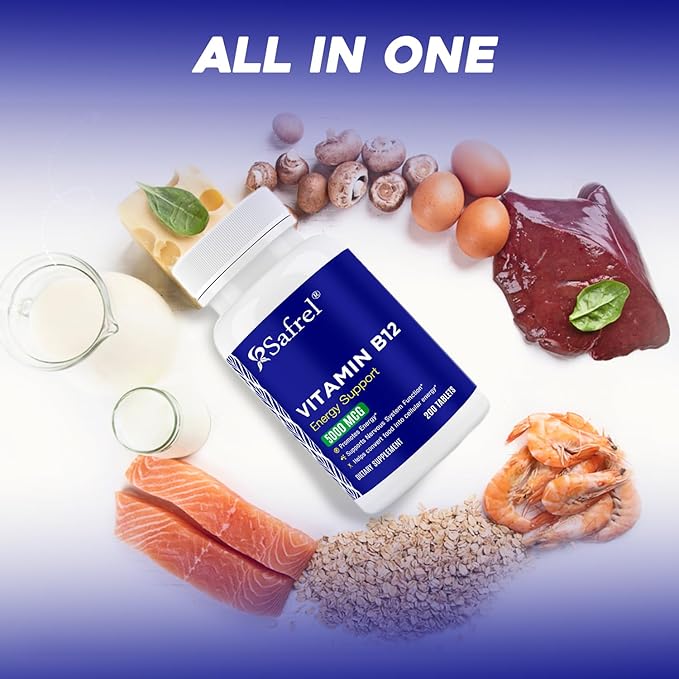 Safrel Vitamin B12 5000 mcg per Tablet, 200 Days Supply, Supplement for Energy, Metabolism and Nervous System Health Support, Vegan, Gluten Free and Dye Free | Made in USA