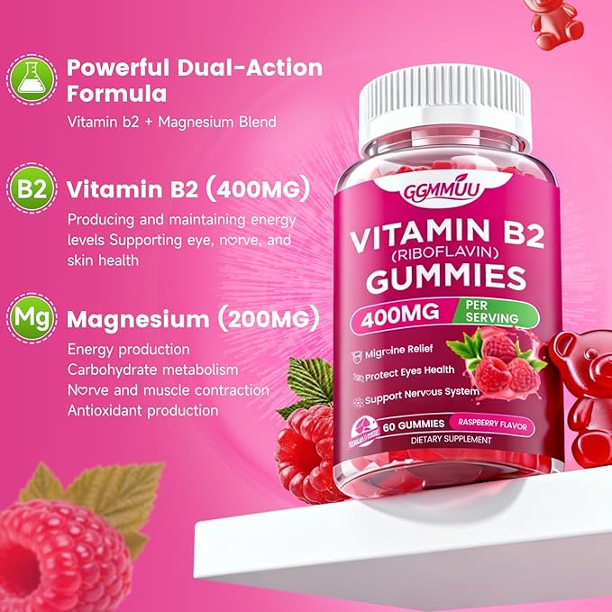 2 Pack Vitamin B2 Gummies Riboflavin 400mg Supplement with Magnesium for Kids & Adults B2 Gummies for Migra*ne Rel*ef, Nervous System Support & Skin Health, Raspberry Flavor, 120 Count
