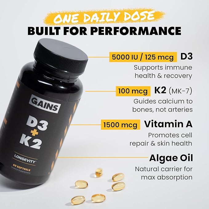 Gains in Bulk D3 K2 Supplement, Vitamin D3 5000 IU, Vitamin K2 100 Mcg, Vitamin A 5000 IU, Algae Oil with Omega 3, Wellness Support for Men & Women, Gluten Free, Vegan, Non GMO, 60 Softgels