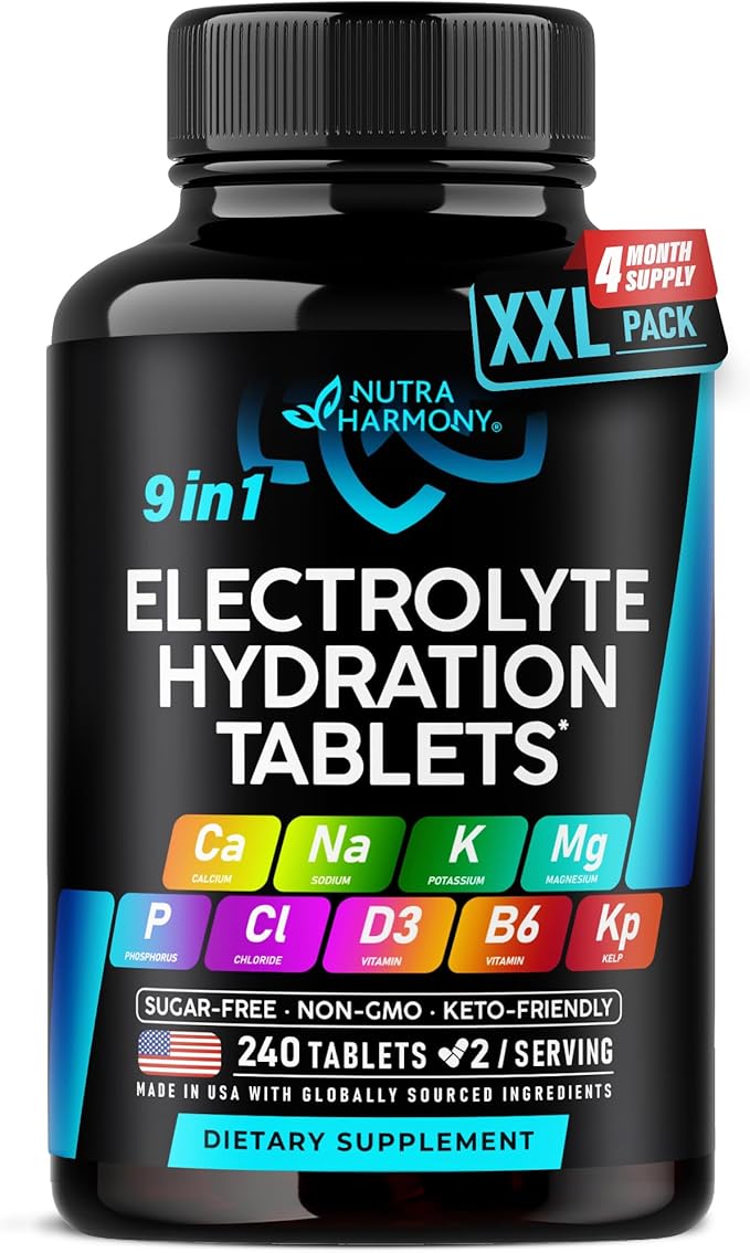 Electrolytes - Electrolyte Tablets with Magnesium, Sodium, Potassium, Chloride, Vitamins D3 & B6, Kelp Powder - Salt Pills - Made in USA - Oral Tablets as Capsules - Vegan & Keto Friendly - 240 Tabs