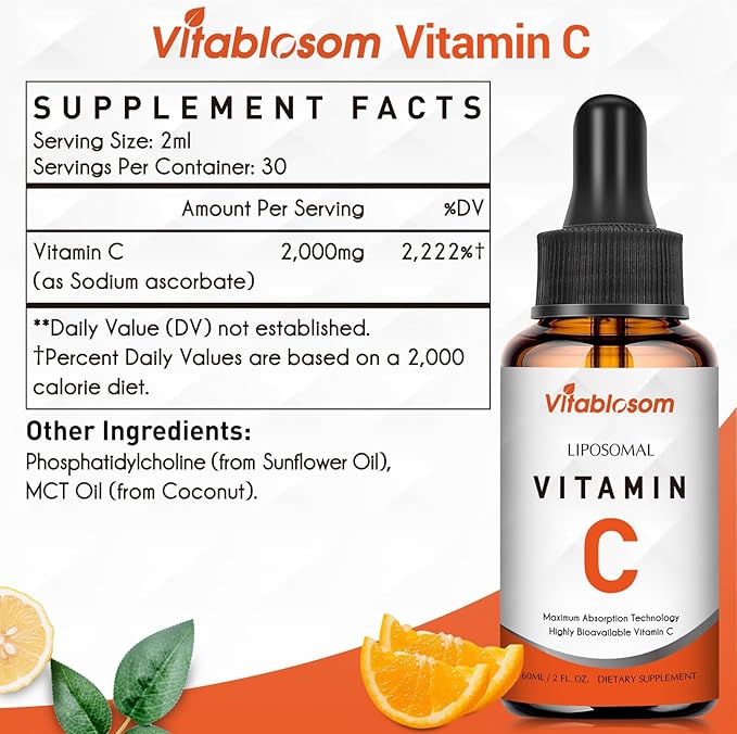 Liposomal Vitamin C 2000mg Liquid for Adults, High Absorption VIT C, Maximize Vitamin C, Immune System & Antioxidant Support, 60ML (1 Bottle)