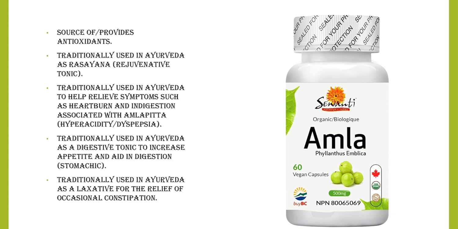Sewanti Organic Amla Dietary Supplement Natural Antioxidant, Vitamin C Boost 60 Vegan High Potency Extract Capsules, 500mg