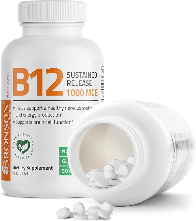 Bronson Vitamin B12 1000 mcg Sustained Release Premium Non GMO Tablets Supports Nervous System, Healthy Brain Function and Energy Production, 100 Count