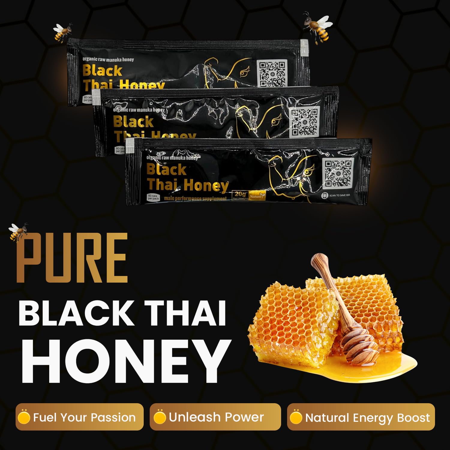 Black Thai Honey Packs- 20 Gram Satchets - Pack of 10 - Natural Pure Honey with Jelly Bee Pollen