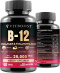 B12 with Hyaluronic Acid, Collagen and Folate – 25000 mcg B12 Complex | Maximize Absorption & Energy | Gluten Free USA Made, B1, B2, B3, B6, B7, B12 vitamins 5000 mcg Methylcobalamin - 60 Capsules