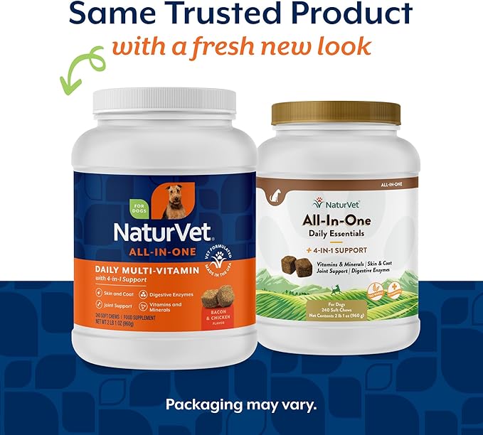 NaturVet All-in-One Dog Supplement - for Joint Support, Digestion, Skin, Coat Care – Dog Multivitamins with Minerals, Omega-3, 6, 9 – Wheat-Free Vitamins for Dogs – 240 Soft Chews