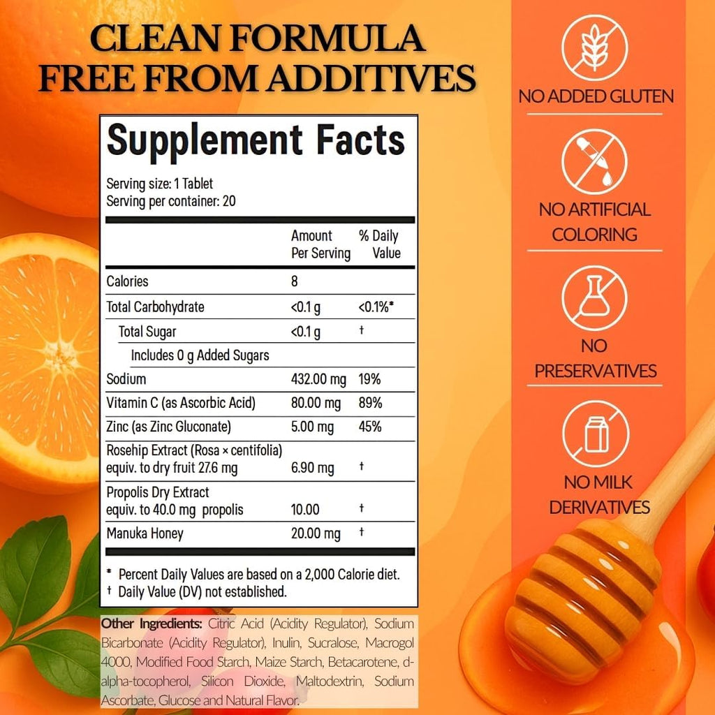 5 in 1 Immunity Plus – Immune Support & Antioxidant Supplement – Vitamin C, Zinc, Manuka Honey, Rosehip & Propolis – Natural Zesty Orange Flavor – 60 Day Supply Effervescent Tablets