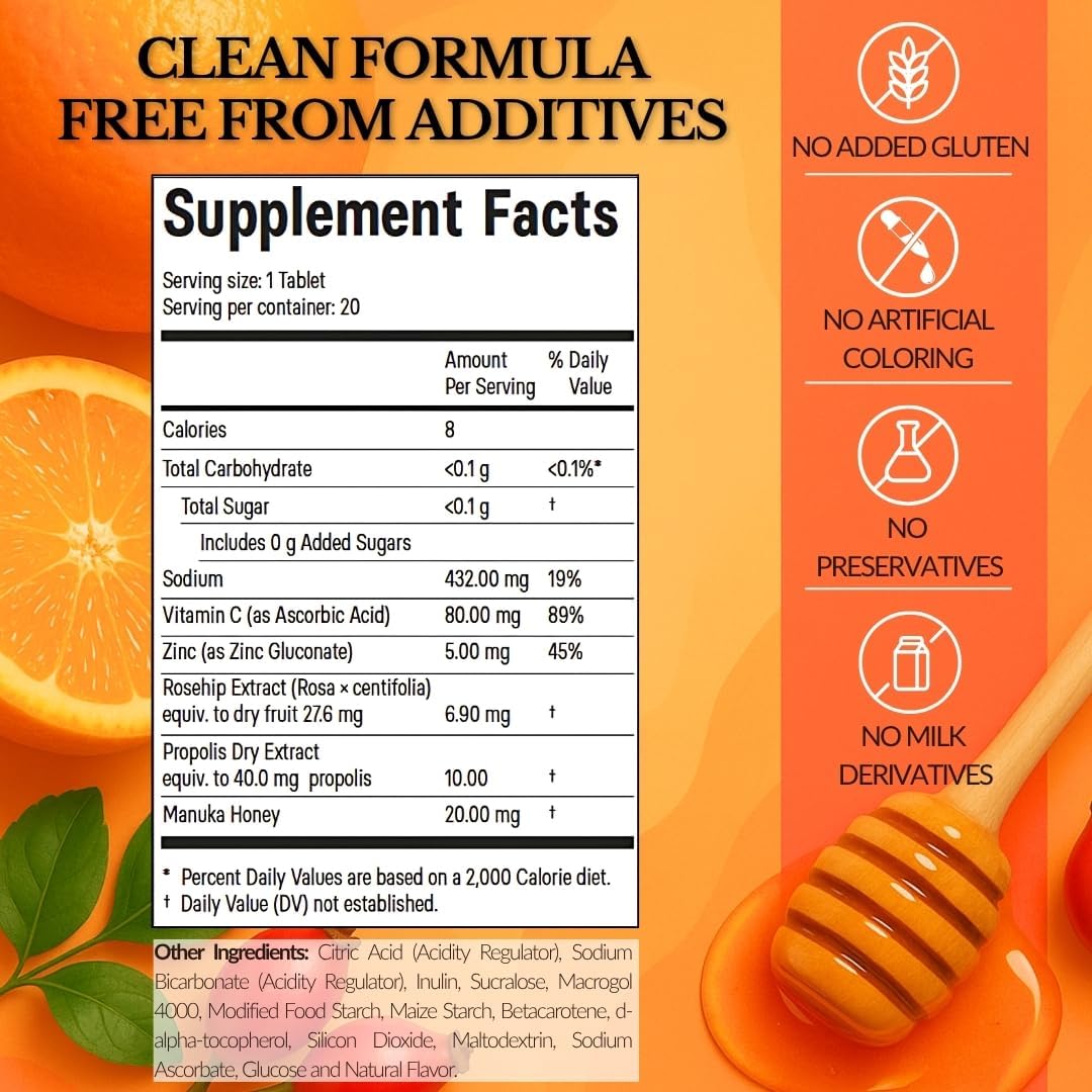 5 in 1 Immunity Plus – Immune Support & Antioxidant Supplement – Vitamin C, Zinc, Manuka Honey, Rosehip & Propolis – Natural Zesty Orange Flavor – 20 Day Supply Effervescent Tablets