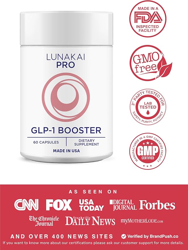 Lunakai PRO USA Manufactured GLP-1 Supplement - Natural GLP 1 Booster with Probiotics & Resveratrol – Supports Weight Management, Cravings & Metabolism, 60ct