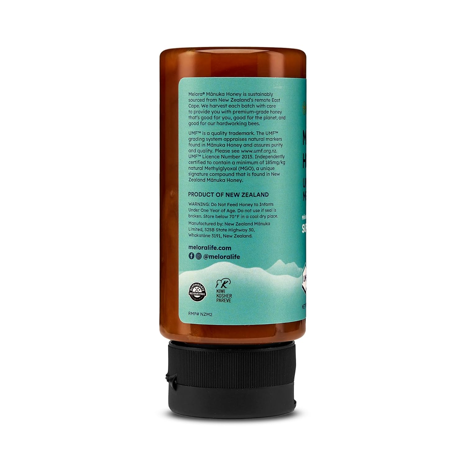 Melora Manuka Honey New Zealand Raw Honey | Pure, Unfiltered, Unpasteurized Honey | Organic Squeeze Bottle | UMF 8+ | MGO 185+ | 12 oz