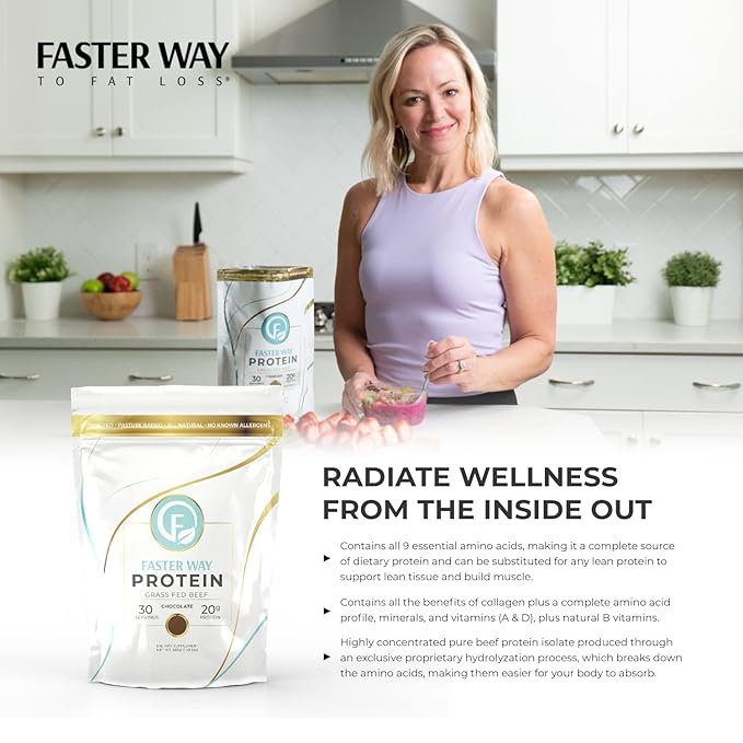 Faster Way - Protein Powder - Hydrolyzed Grass Fed Beef - 20g of Protein Per Serving - Muscle Growth & Recovery - 9 Essential Amino Acids - Sugar, Gluten & Dairy Free - Non-GMO -Chocolate -30 Servings