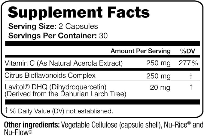 100% Natural Vitamin C from Acerola Cherry with Lavitol DHQ Dihydroquercetin Plus 250 mg Citrus Bioflavonoids - Whole-Food Vitamin C, No Synthetic Ascorbic Acid and No Additives - 250 mg, 60 Capsules