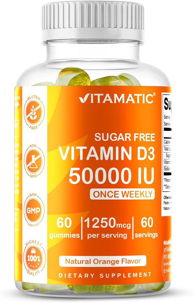 Vitamatic Sugar Free Vitamin D3 50,000 IU Weekly Supplement – 60 Pectin-Based Gummies High-Potency Vitamin D for Bone, Teeth & Immune Support