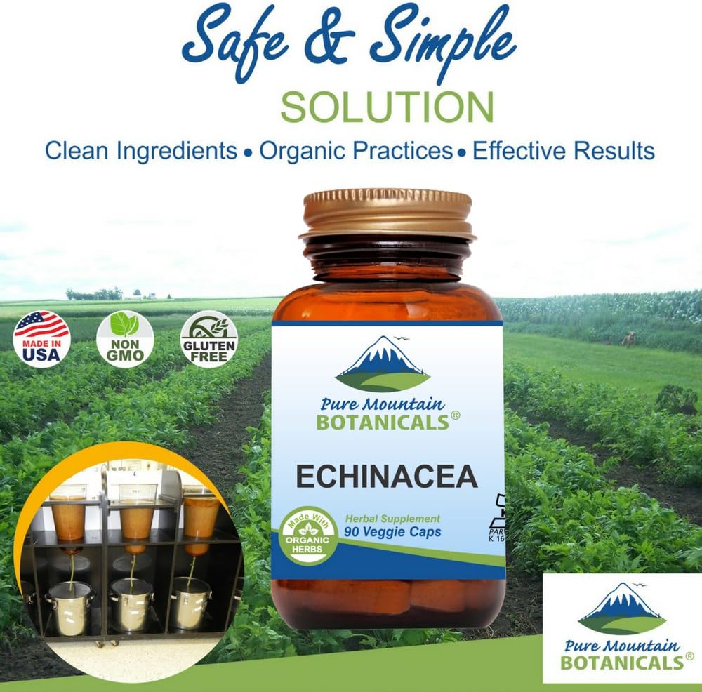 Pure Mountain Botanicals Echinacea Capsules Supplement - Kosher Vegan Caps with 420mg Organic Echinacea Root