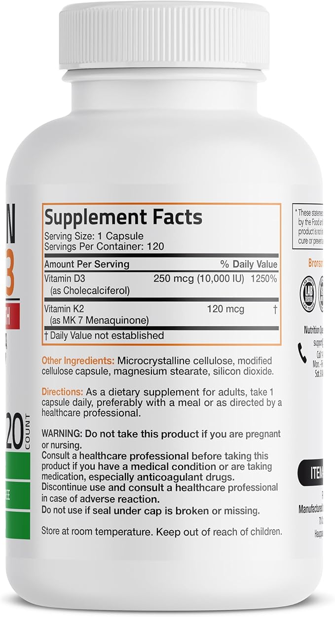 Bronson Vitamin K2 (MK7) with D3 Extra Strength Supplement Bone and Heart Health Non-GMO Formula 10,000 IU Vitamin D3 & 120 mcg Vitamin K2 MK-7 Easy to Swallow Vitamin D & K, 120 Capsules