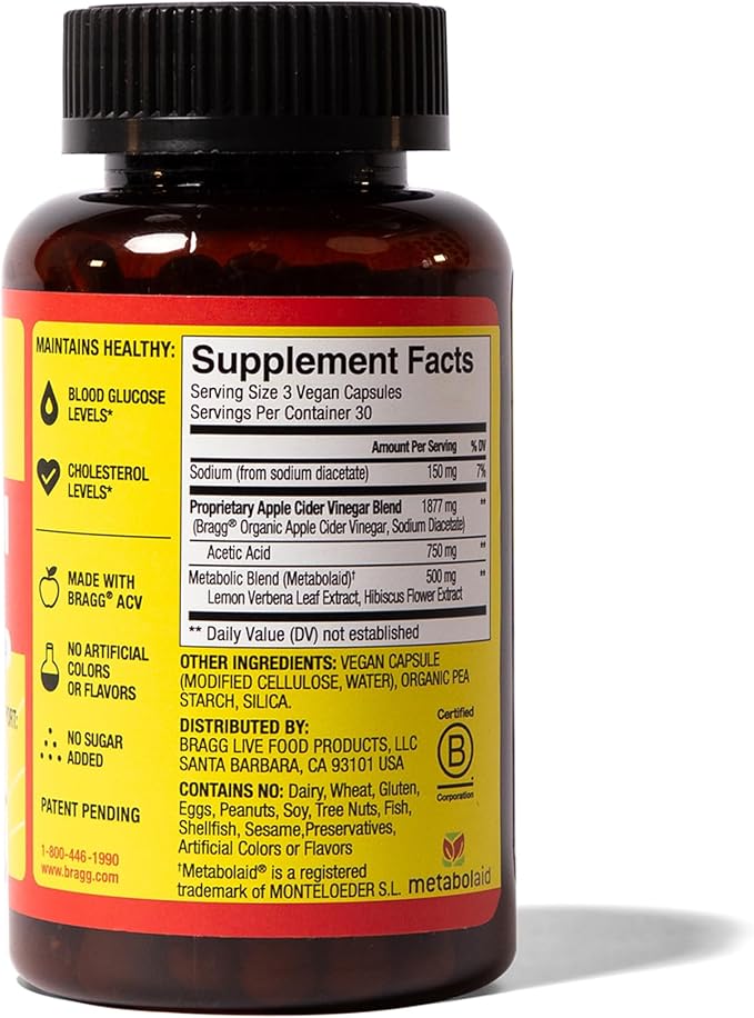 Bragg Metabolism Support Apple Cider Vinegar Capsules with Botanical Blend - 90 Capsules - Increased GLP-1 Support for Weight Management, Appetite Control, and Fullness