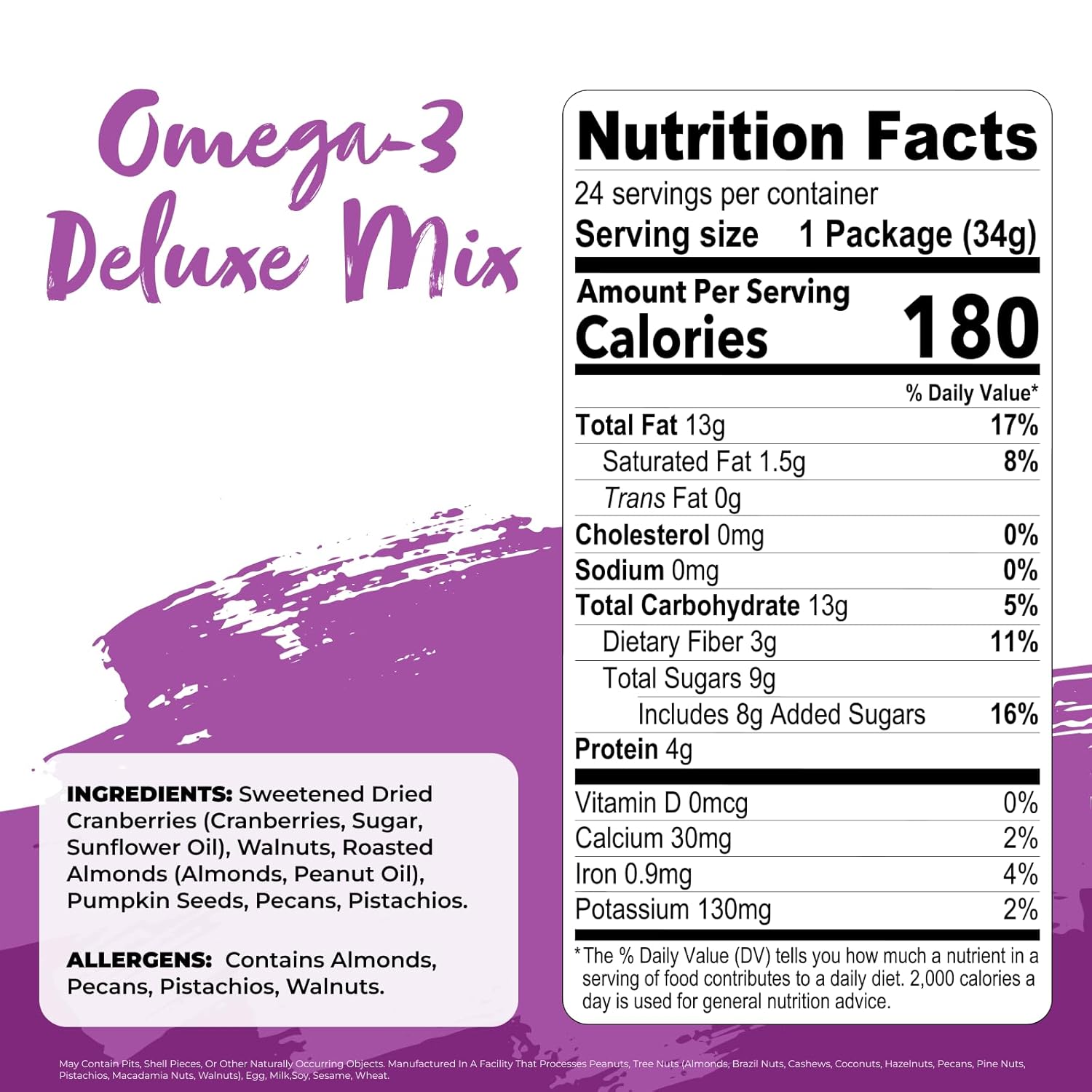 Nature's Garden Omega 3 Deluxe Mix - Trail Mix Nuts, Heart Healthy, Gluten Free, Cholesterol Free, Sodium Free, No Artificial Ingredients - 1.2 oz Bags (24 Individual Servings)