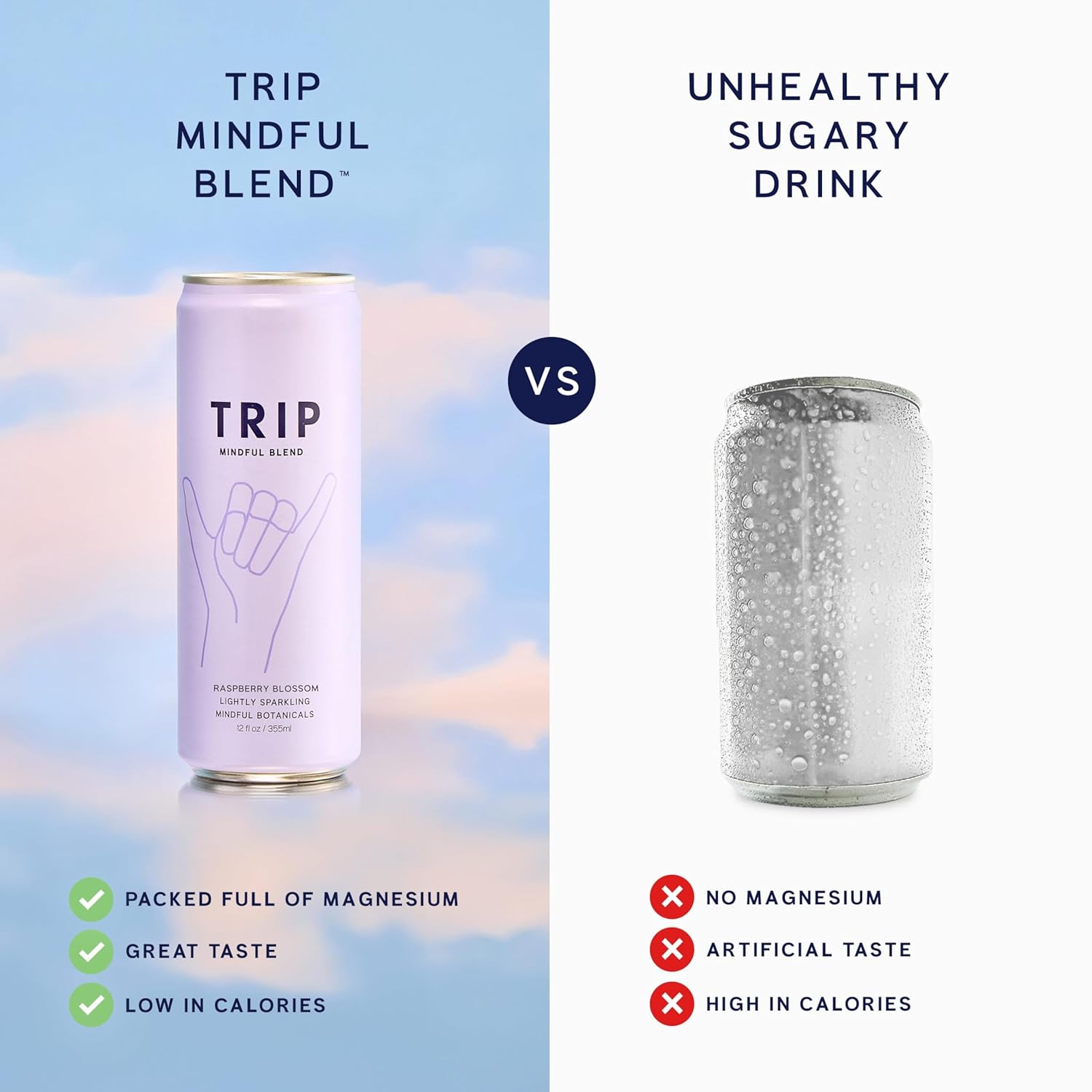 Trip Mindful Blend, Lightly Sparkling Adaptogen Seltzer, Mocktail w/ 120mg Magnesium Citrate with Ashwagandha, Lions Mane & L Theanine, No Added Sugar, Vegan, Raspberry Blossom, 12 Oz, 12Pk