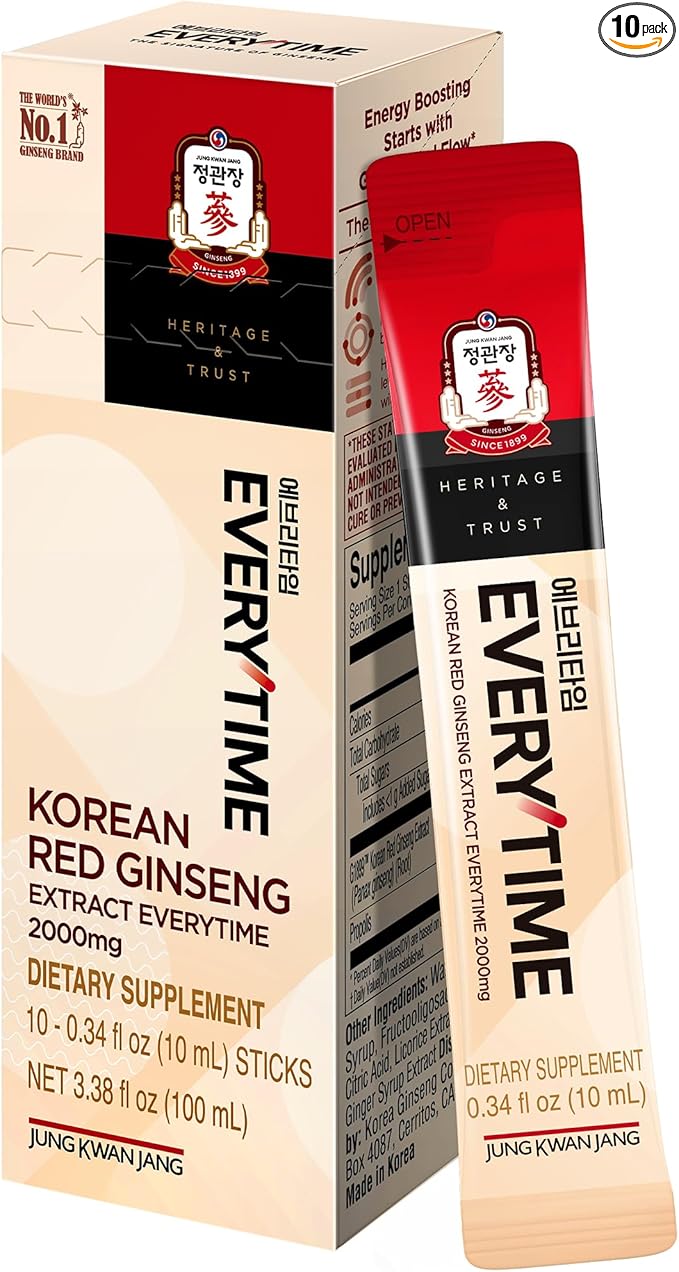 JUNG KWAN JANG Everytime Korean Red Ginseng Extract 2,000mg - Liquid Stick Supplements with Propolis & Adaptogen - Energy Boost & Immune Support, Natural & Healthy Energy Drinks (10 Sticks)