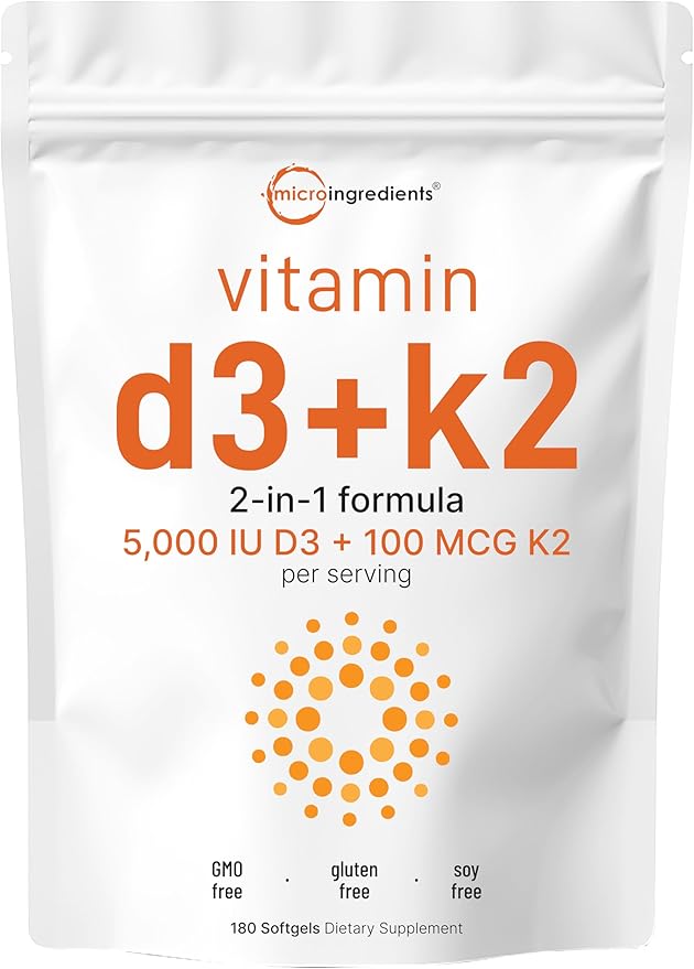 Micro Ingredients Vitamin D3 5,000 IU + K2 MK-7 100 mcg, 180 Softgels | 2-in-1 Formula | Easy to Swallow, Non-GMO