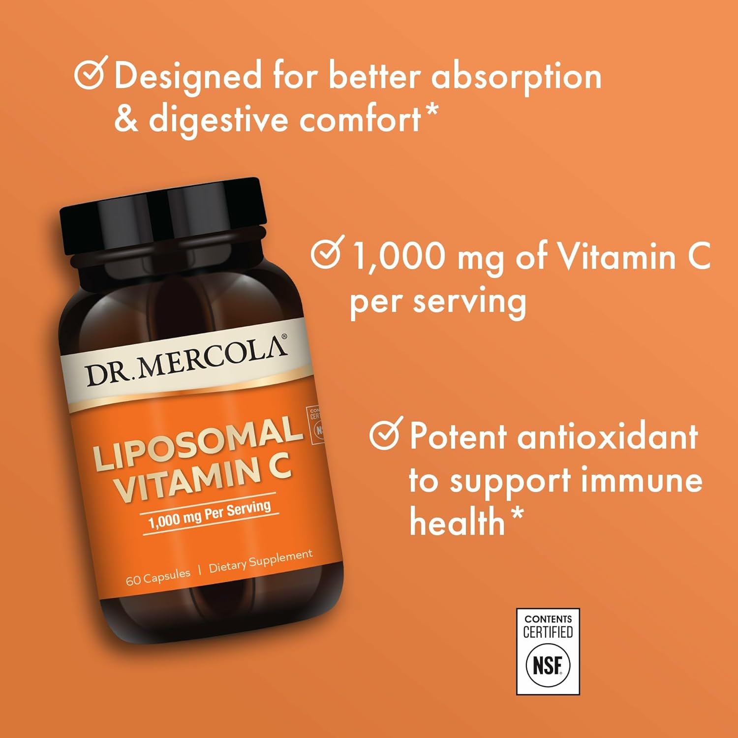 Dr. Mercola Liposomal Vitamin C - Brain, Heart, Eye & Immune Support - Provides 1,000 mg of Bioavailable Vitamin C - Non-GMO, Gluten-Free & Soy-Free - 60 Capsules (30 Servings)